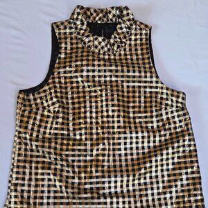 J.Crew Black & Gold Metallic Gingham Top - Ruffle Mock Neck - Size S
